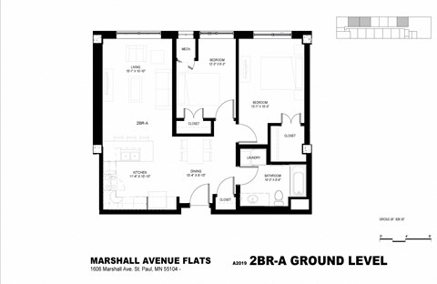 Floor plan for 2 beds, 1 bath, 810 sqft